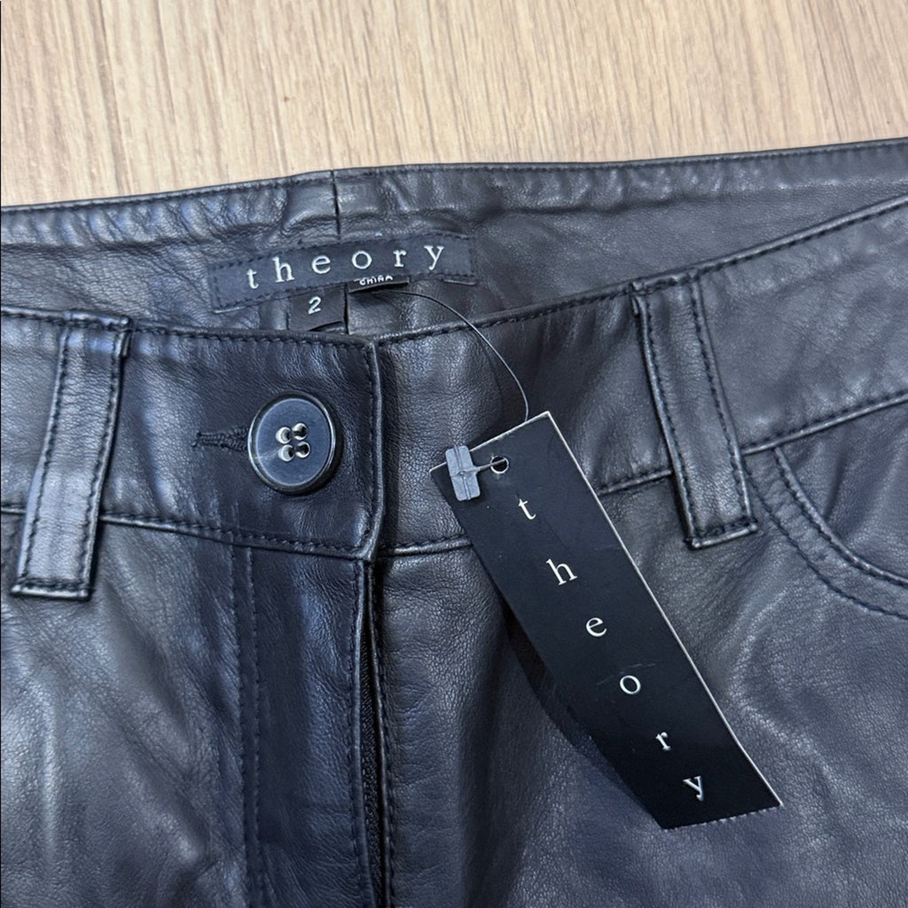 Theory Emme L Black Straight Leg Leather Low Rise Pants Size 2 NEW!