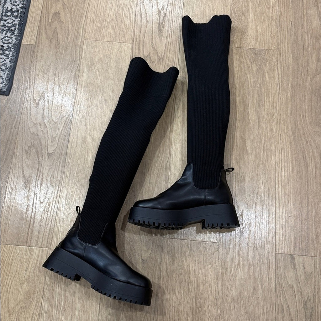 Madden Girl Black Over-the-Knee Stretch Knit Lug Sole Boots - Size 10