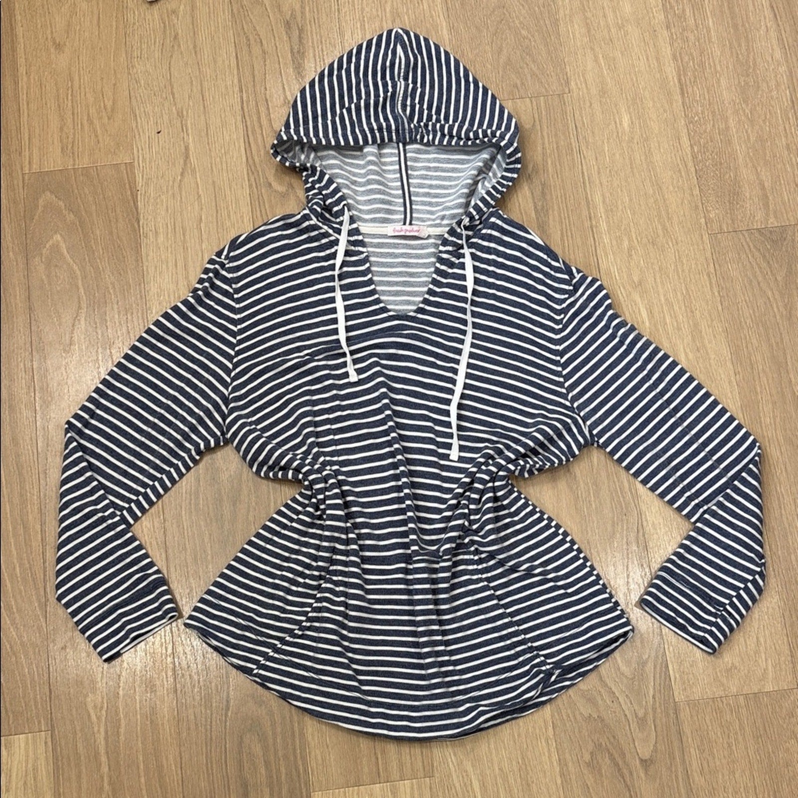 Fresh Produce Navy and White Striped Hooded Pullover Top Size XL