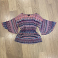 Bobeau Pink Multicolor Patterned Bell-Sleeve Peasant Top Size Large