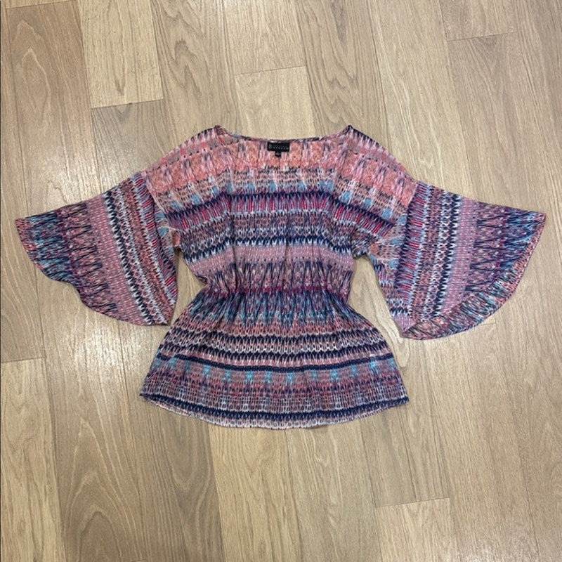 Bobeau Pink Multicolor Patterned Bell-Sleeve Peasant Top Size Large