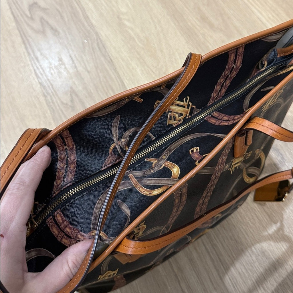 Lauren Ralph Lauren Caldwell Belting Equestrian Print PVC Tote Bag Leather Trim