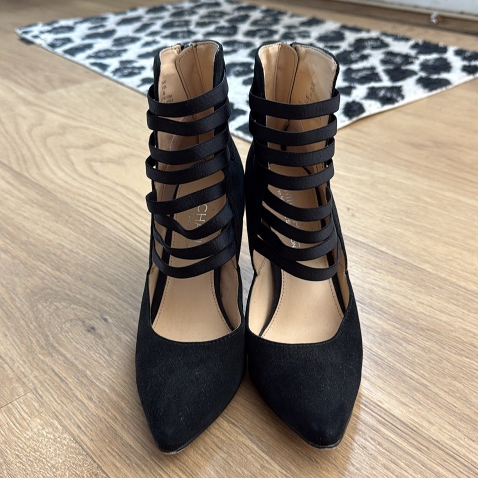 Michael Shannon Jayda Black Stiletto Heels with Cage Straps Leather Suede Sz 6.5