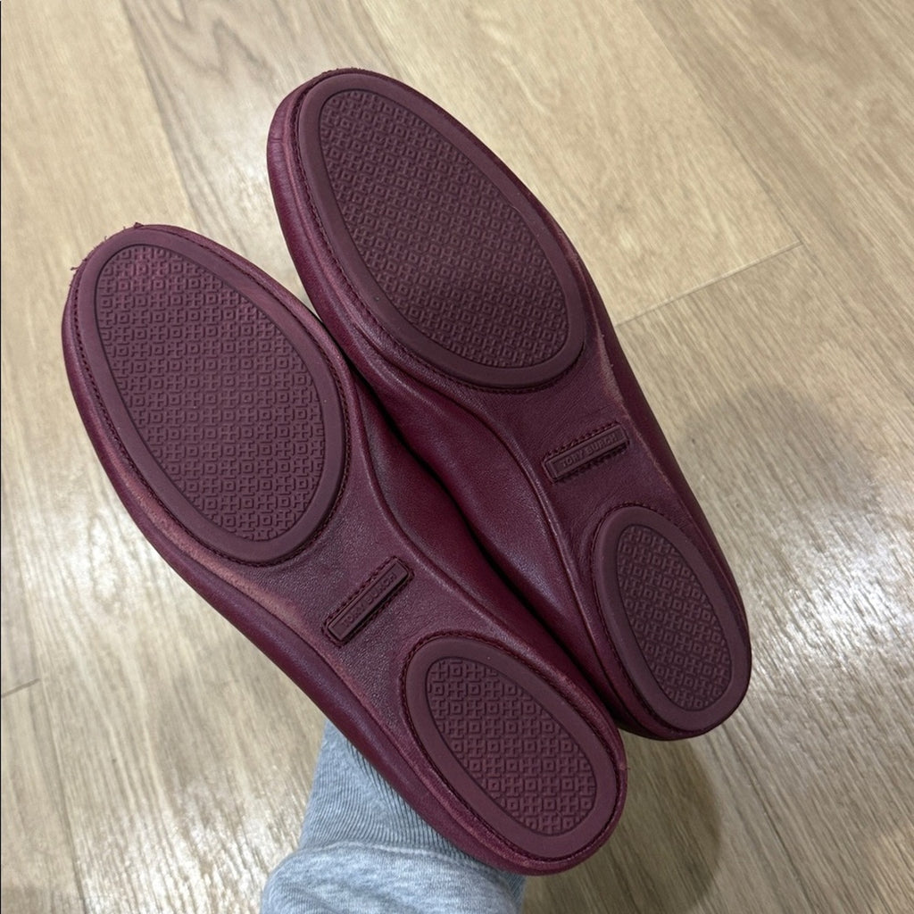 Tory Burch Minnie Travel Ballet Flats in Burgundy Nappa Leather Size 9.5