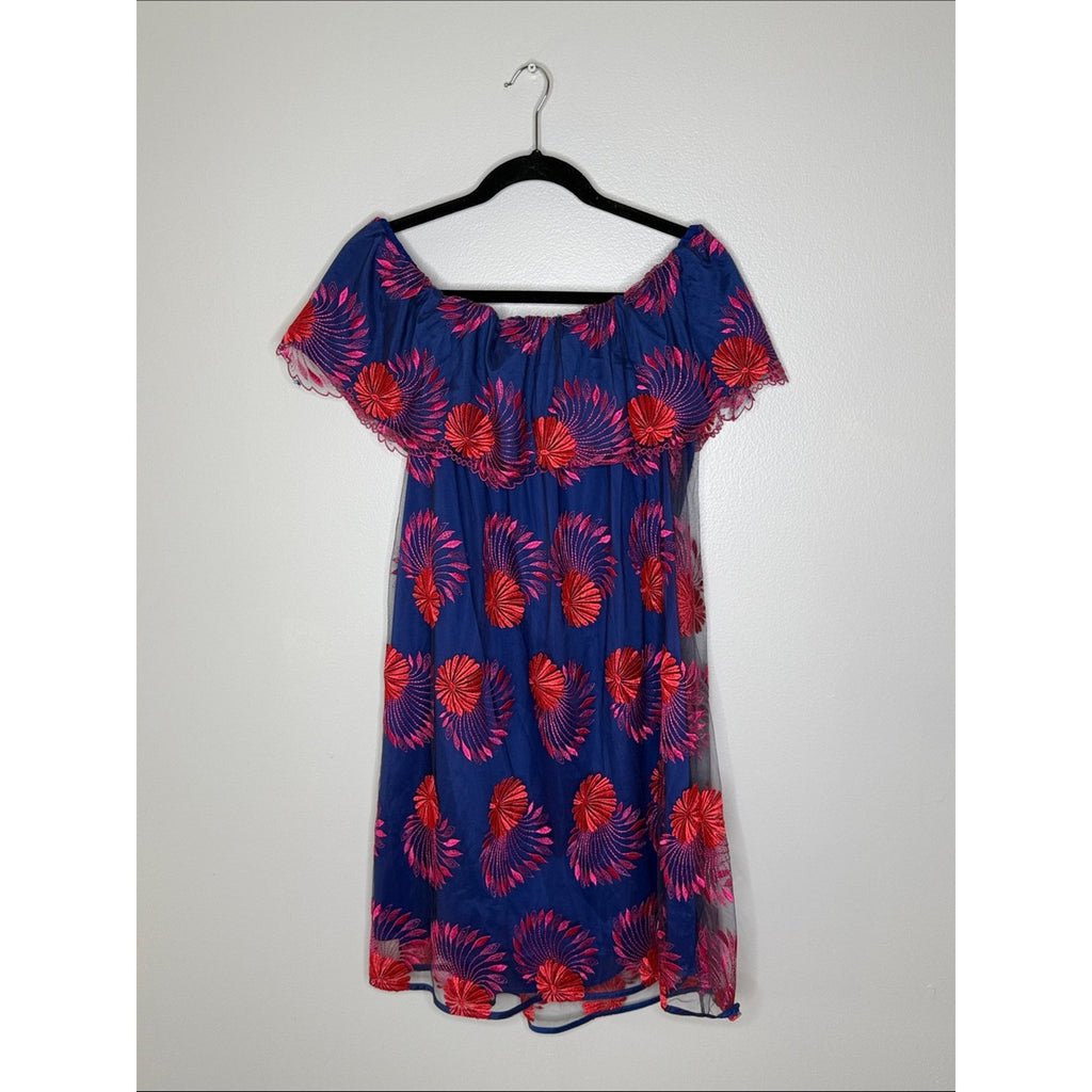 Trina Turk Navy Dress with Bright Pink Embroidered Fans Size M/L