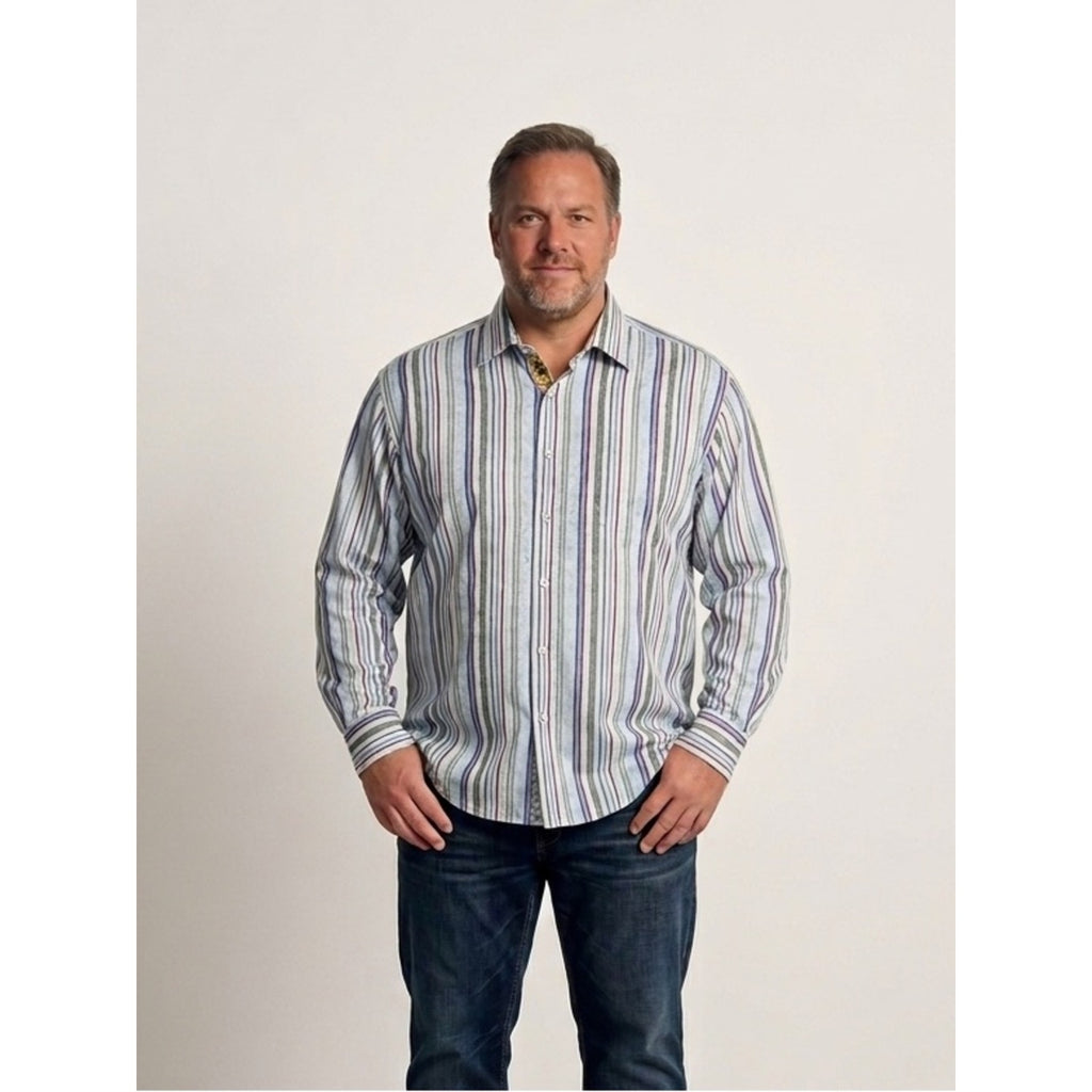 Thomas Dean Men's Button-Down Stripe Shirt - Blue, White, Red Size XXL