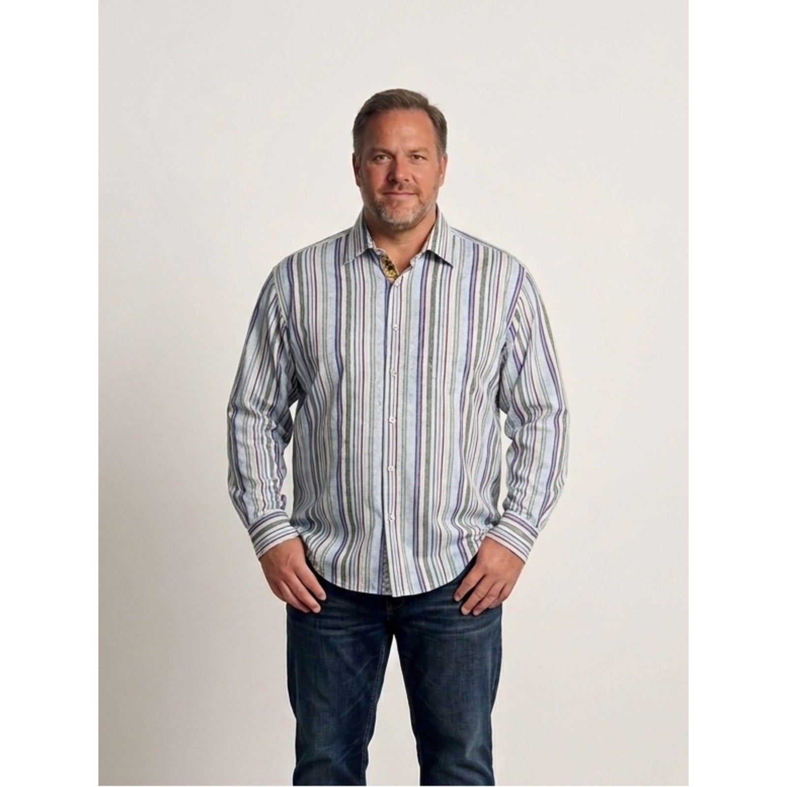 Thomas Dean Men's Button-Down Stripe Shirt - Blue, White, Red Size XXL