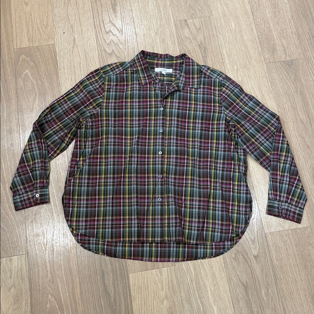 LOFT Multicolor Plaid Button Front Vented Hem Long Sleeve Shirt Size XL