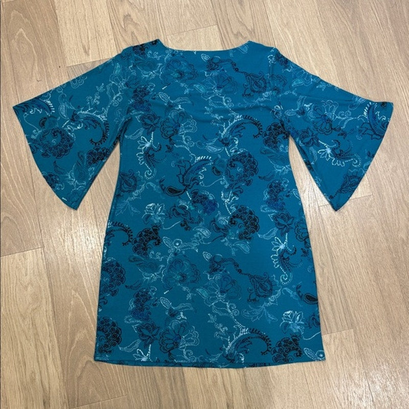 Dana Buchman Teal Floral Bell-Sleeve Mini Dress Size Large