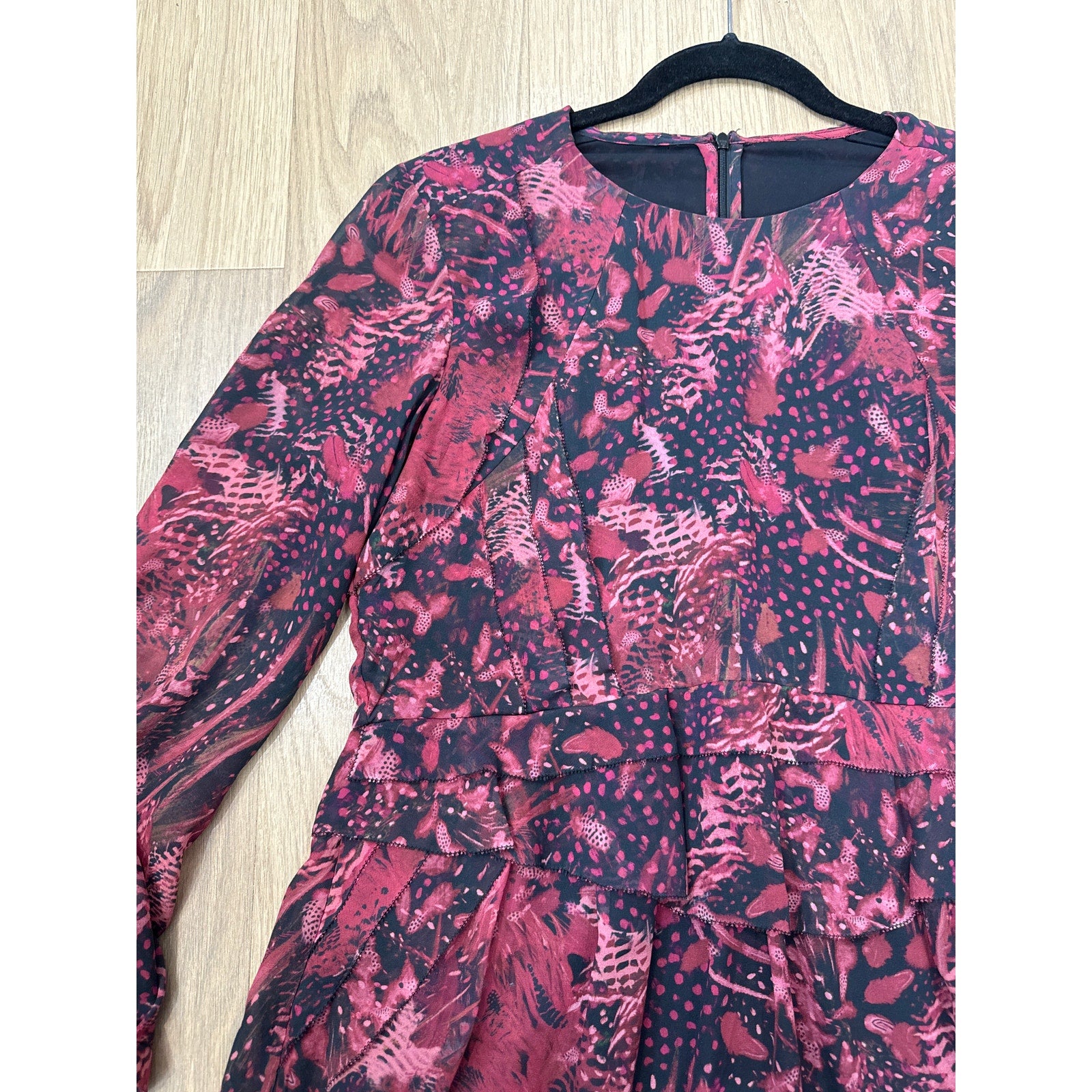IRO Deylfe Floral Print Silk Chiffon Mini Dress in Burgundy and Black Size 8