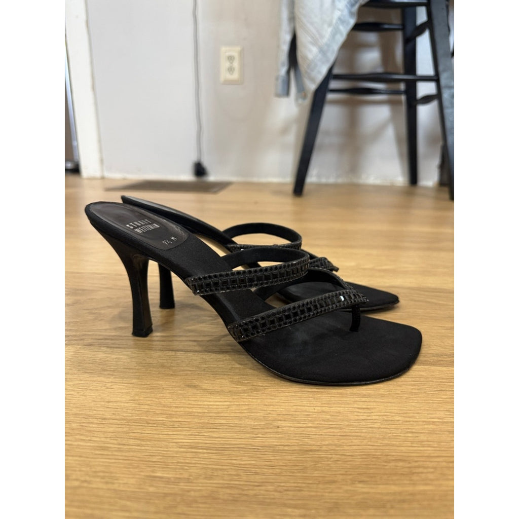 Stuart Weitzman Corona Black Peau Strappy Rhinestone Evening Sandal Heels Sz 9.5
