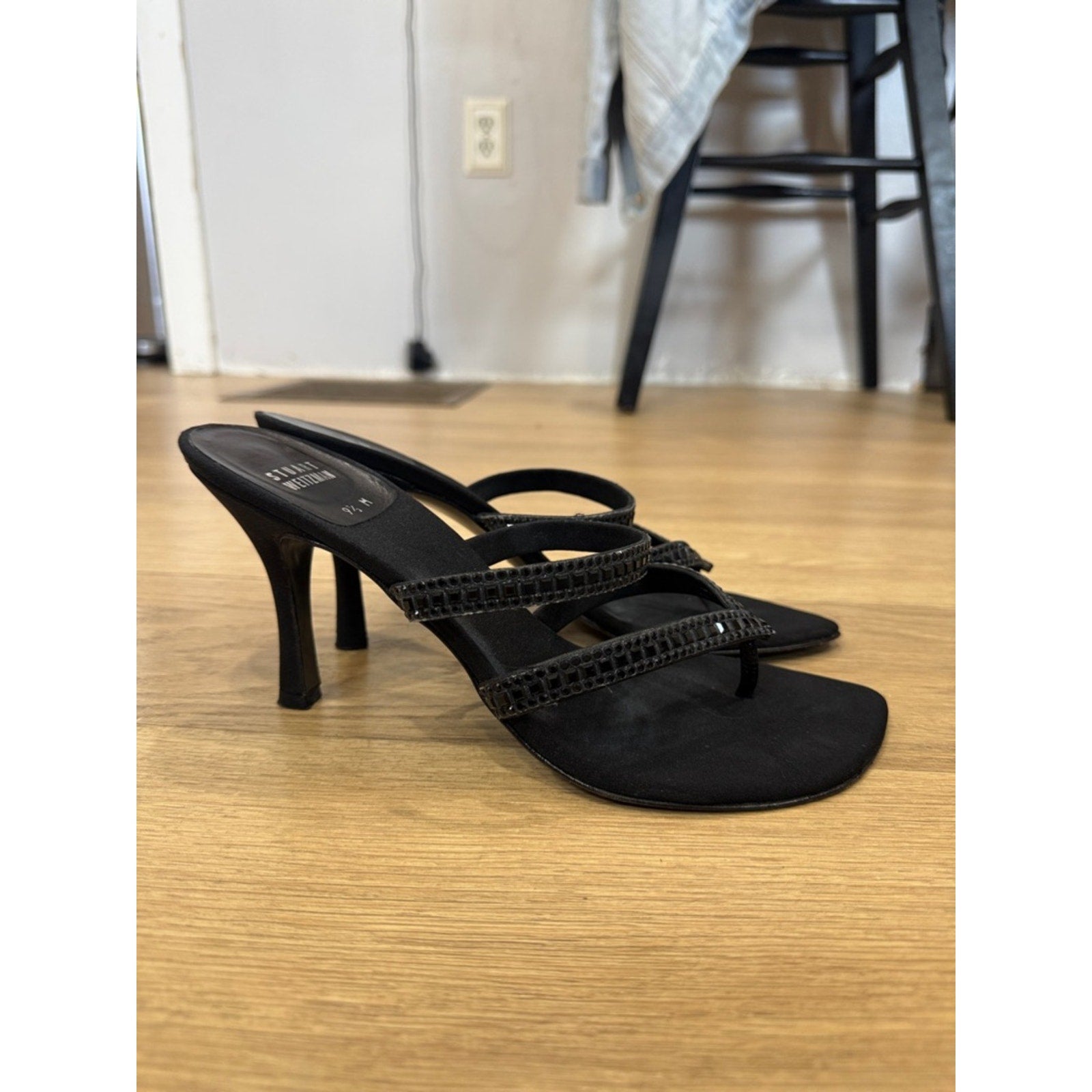 Stuart Weitzman Corona Black Peau Strappy Rhinestone Evening Sandal Heels Sz 9.5