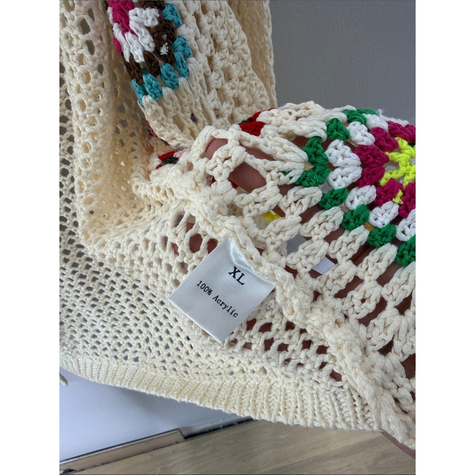 Cream Crochet Open-Front Cardigan Sweater with Multicolor Accents Size XL