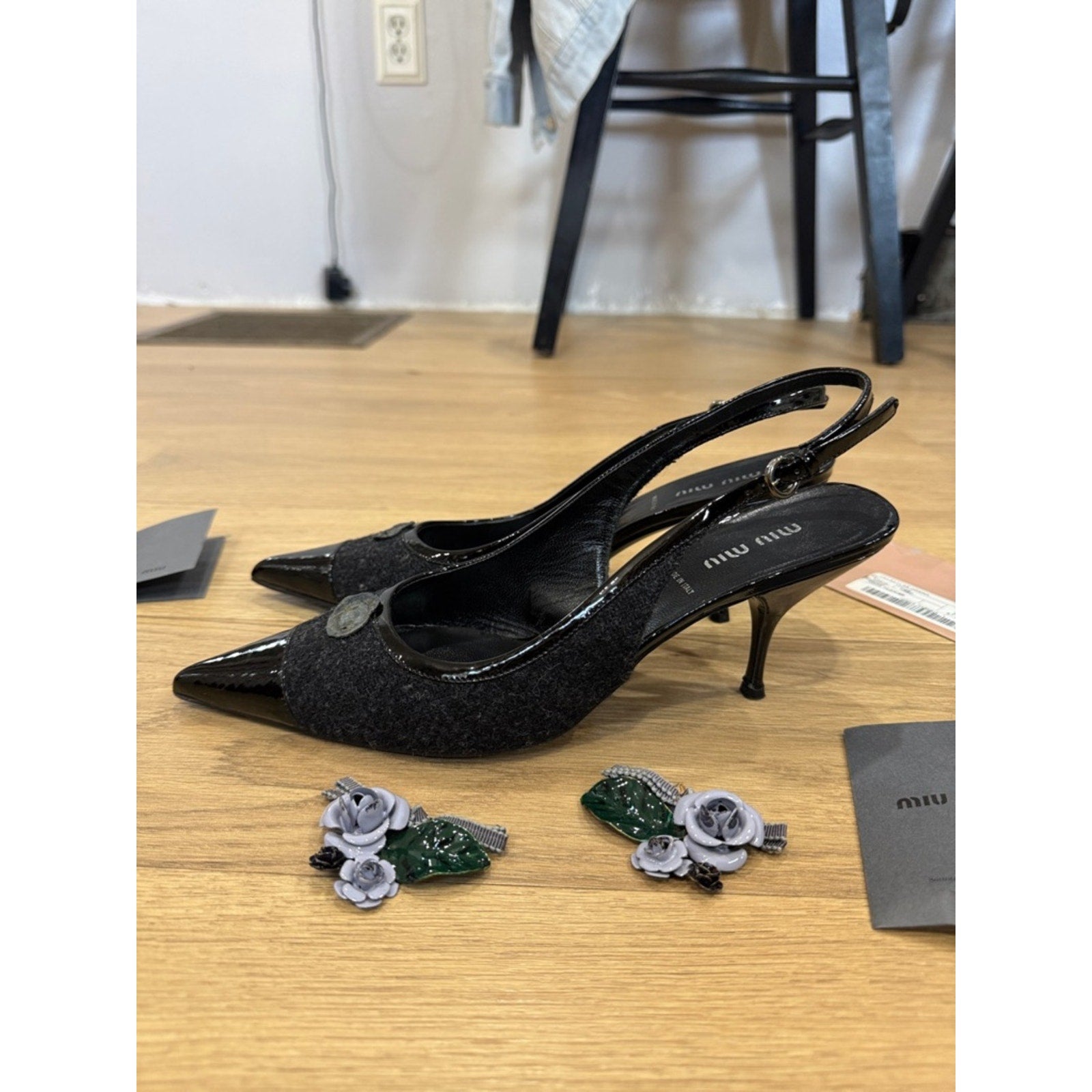 Miu Miu Black Pointed-Toe Slingback Heels with Floral Embellishment Size 9.5