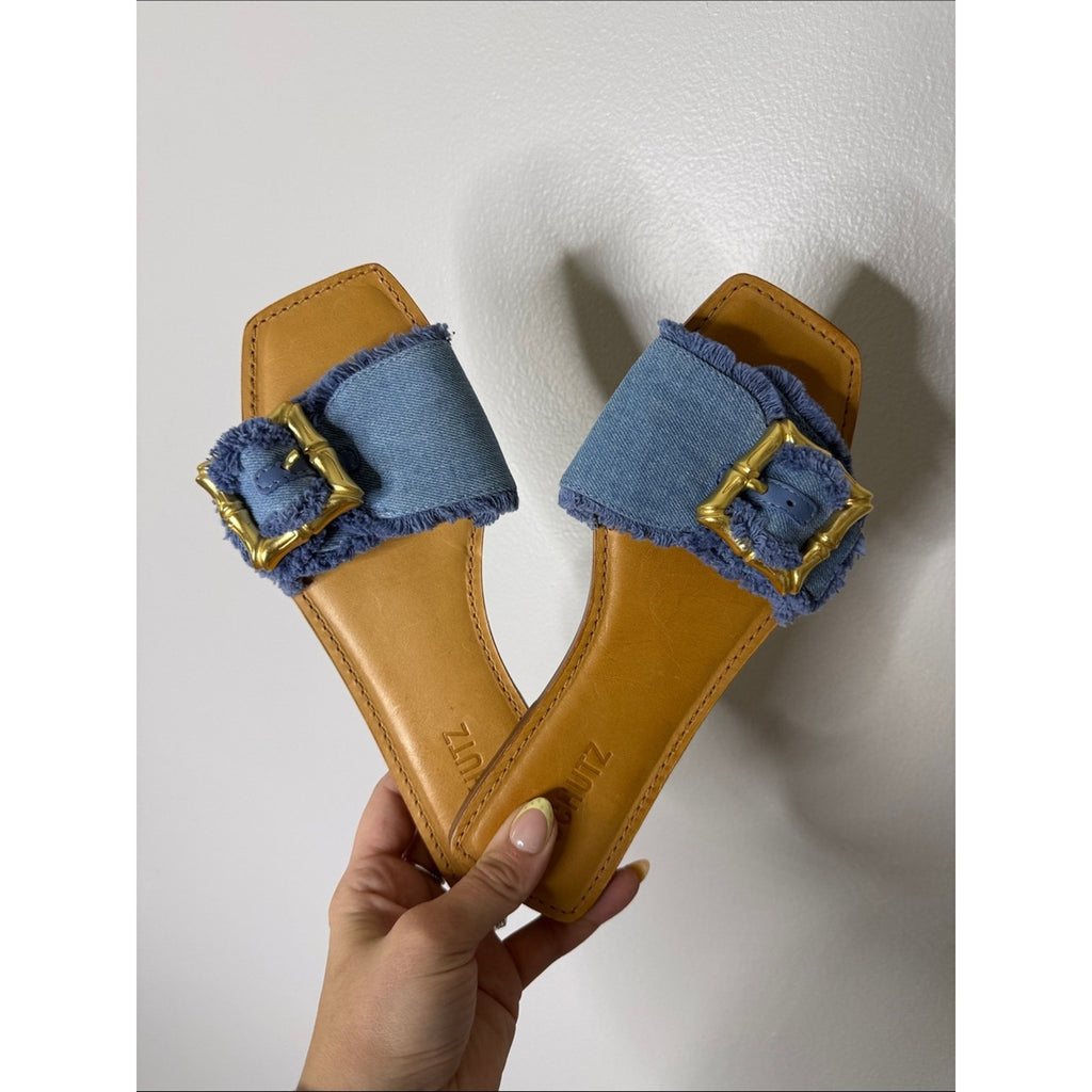 SCHUTZ Enola Flat Sandals in Azul / Summer Jeans Colorway w/ Gold Buckle Sz 8.5