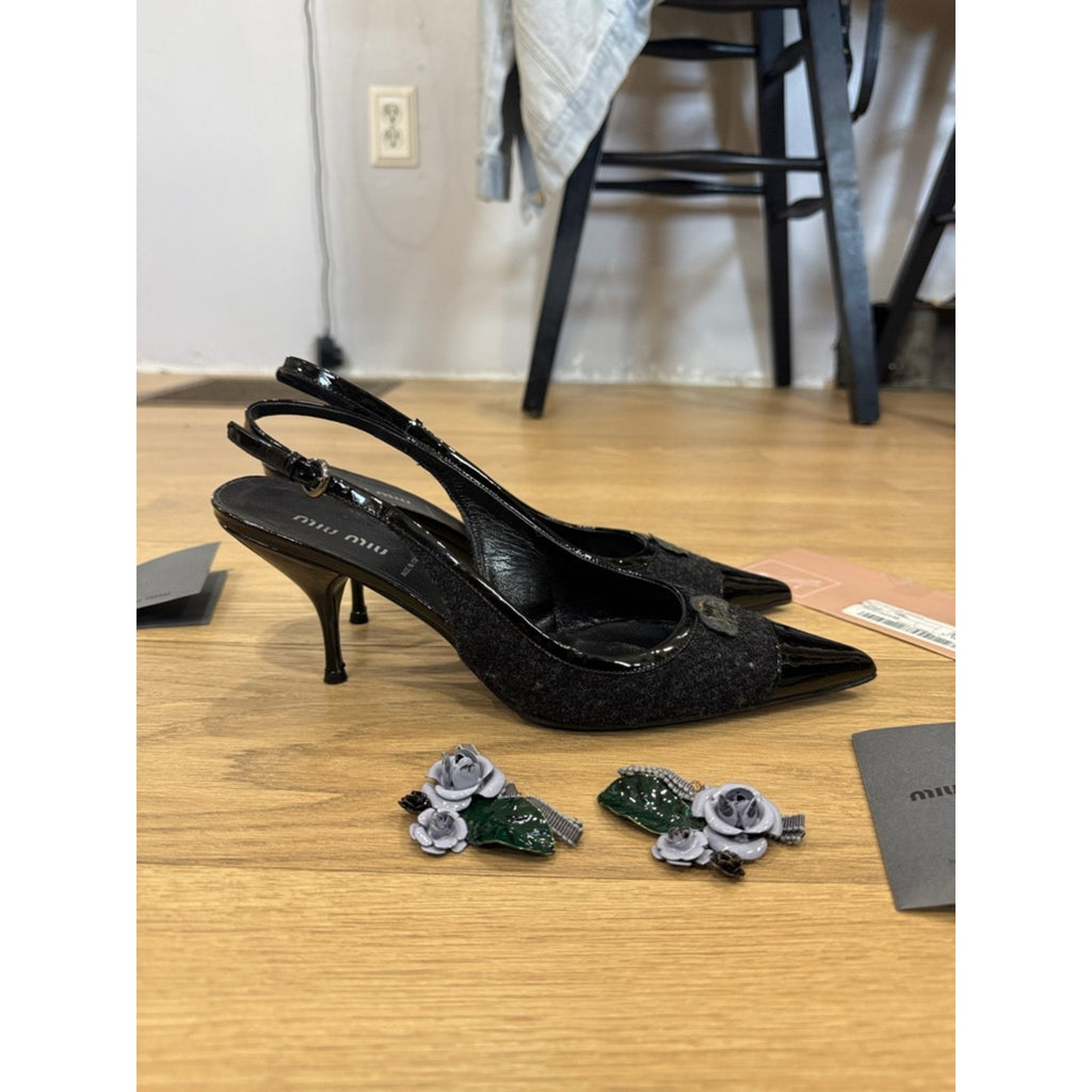 Miu Miu Black Pointed-Toe Slingback Heels with Floral Embellishment Size 9.5