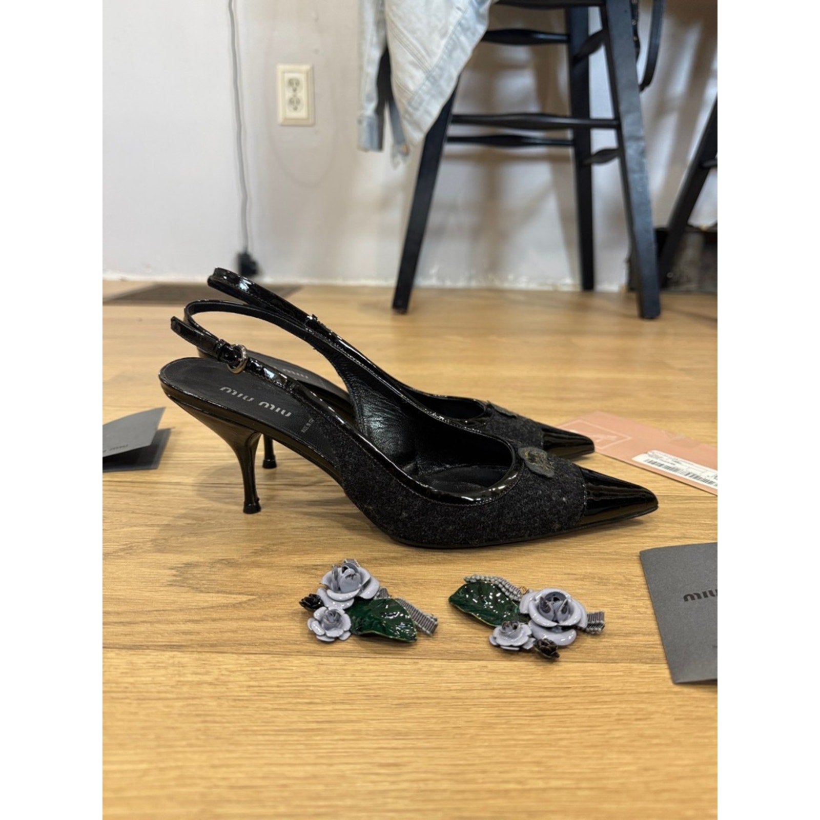 Miu Miu Black Pointed-Toe Slingback Heels with Floral Embellishment Size 9.5