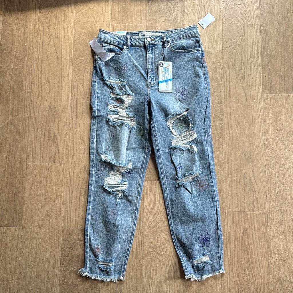 Tinseltown Hi Rise The Mom Jean Floral Distressed Embroidered Jeans Size 15 NEW!