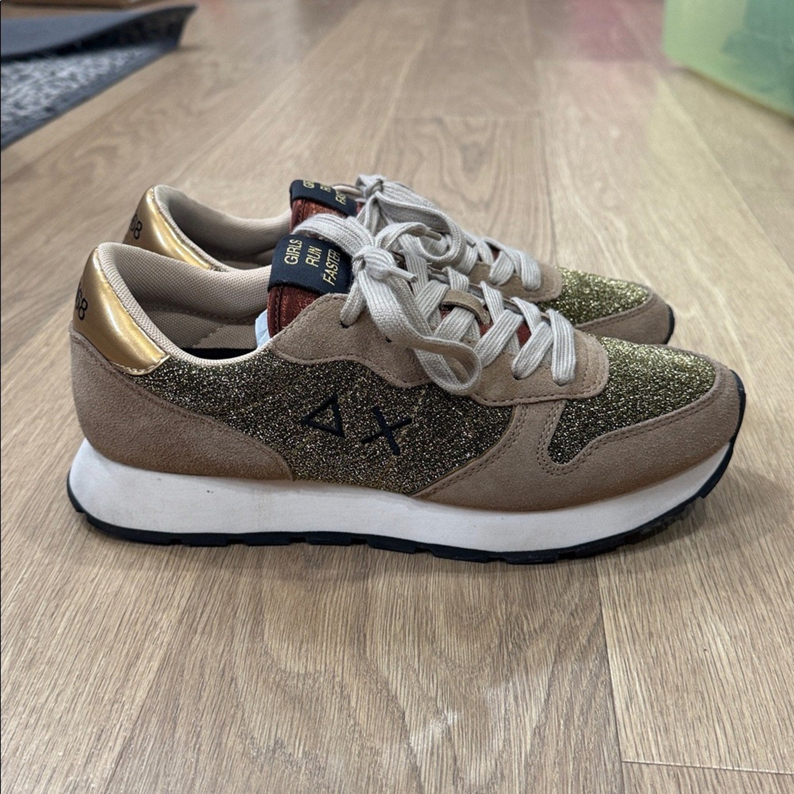 Sun 68 Ally Glitter Low Top Italian Casual Gold Sneakers Size 10