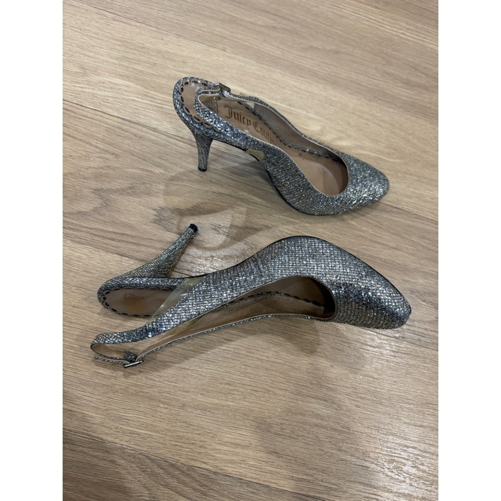 Juicy Couture Glitter Slingback Silver Stiletto Heels Size 9.5