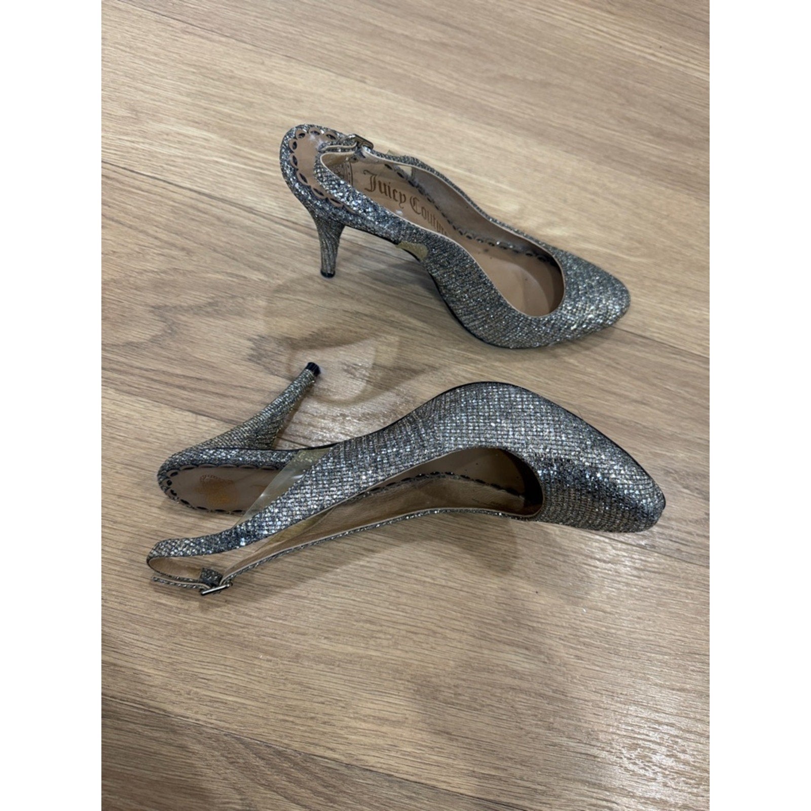 Juicy Couture Glitter Slingback Silver Stiletto Heels Size 9.5