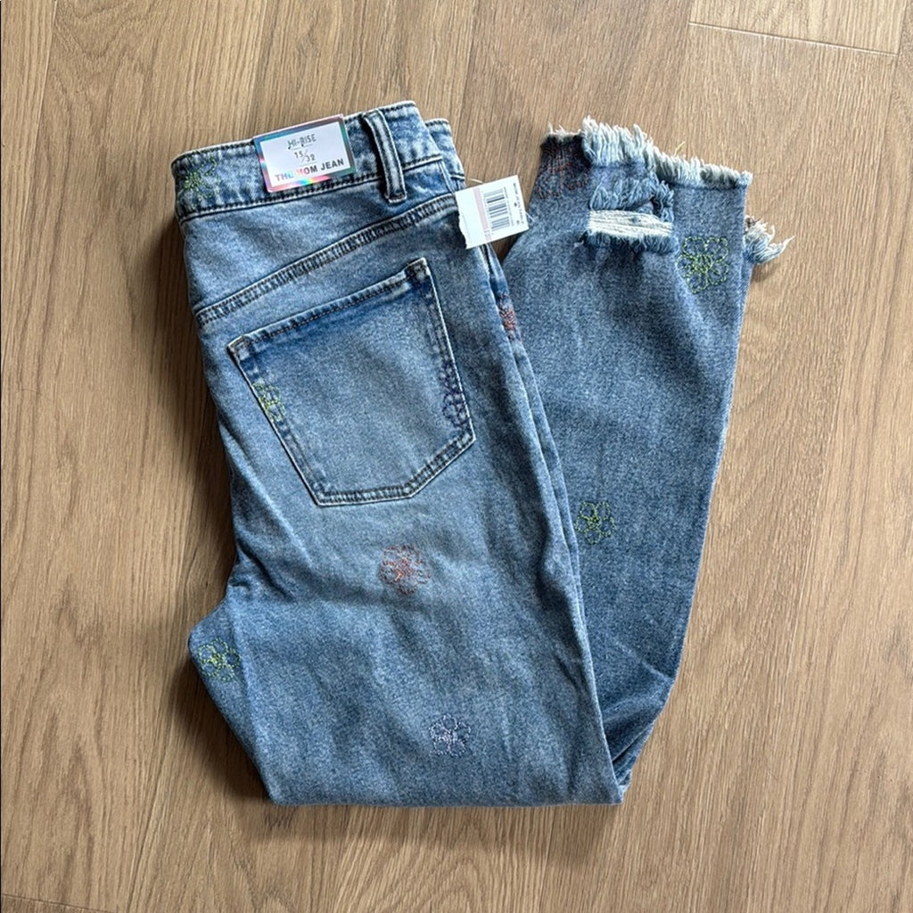 Tinseltown Hi Rise The Mom Jean Floral Distressed Embroidered Jeans Size 15 NEW!