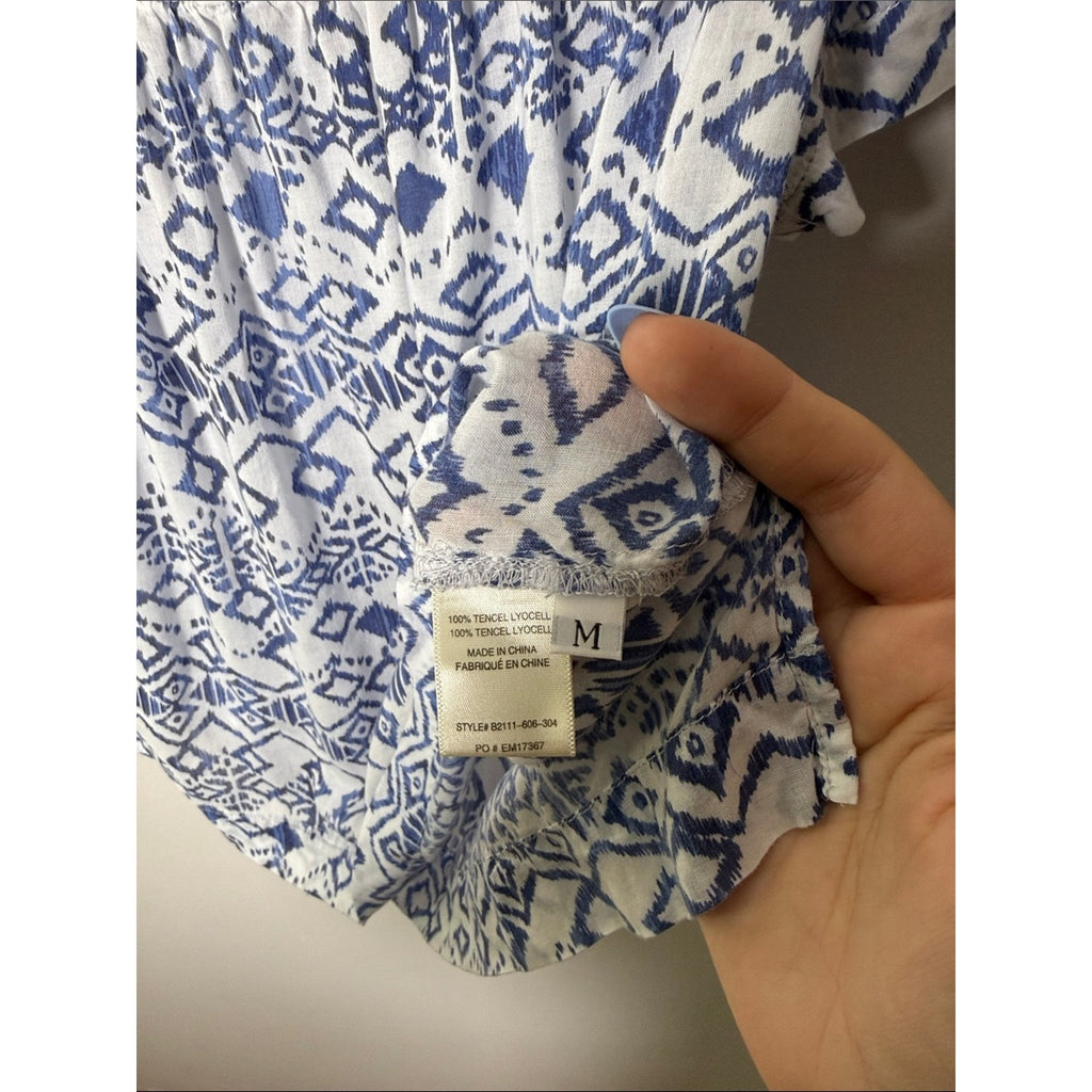 Bella Dahl Blue & White Off-Shoulder Printed Blouse Size Medium