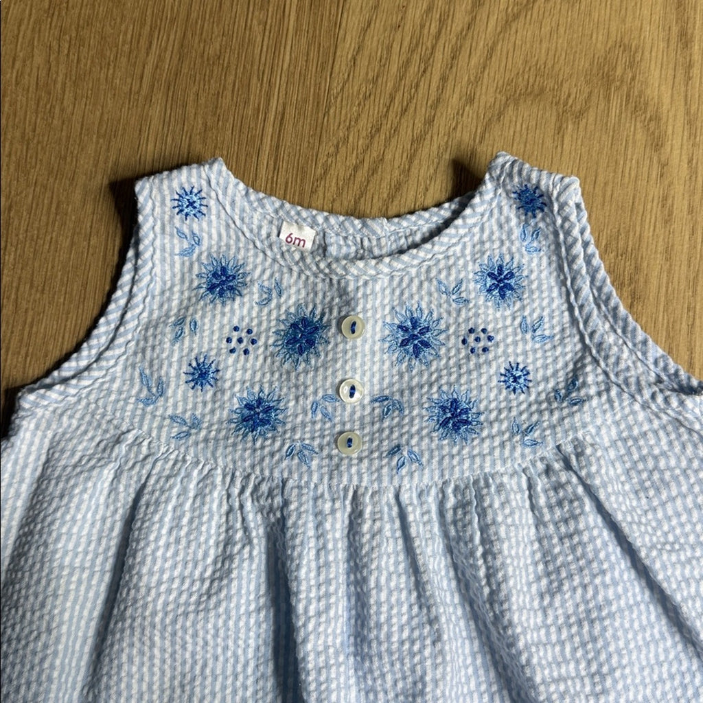 Blue and White Sleeveless Baby Dress with Bloomers Set Size 6 Months