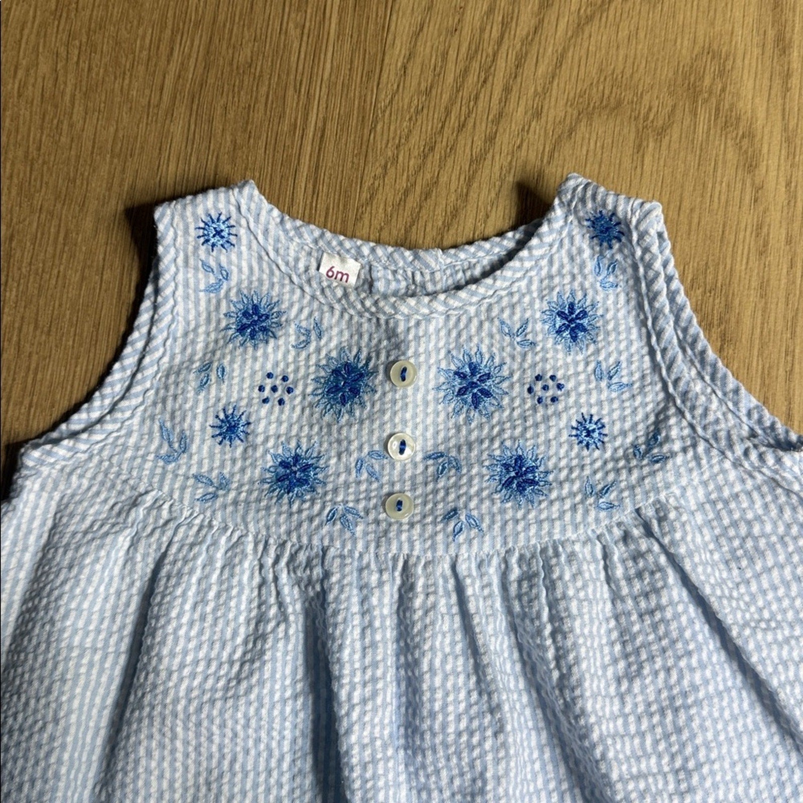 Blue and White Sleeveless Baby Dress with Bloomers Set Size 6 Months