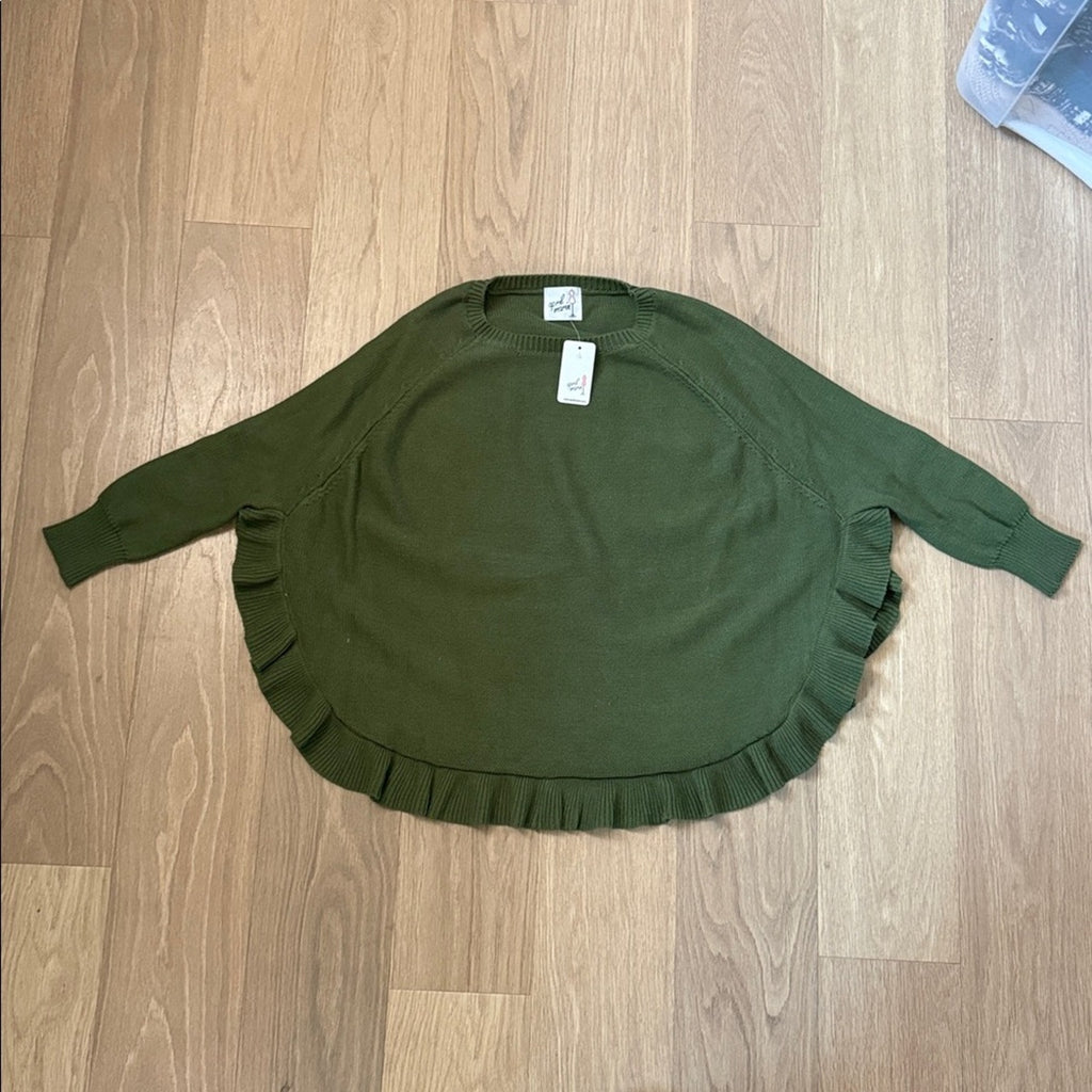 NWT April Marin Green Poncho Style Sweater with Ruffled Hem OS