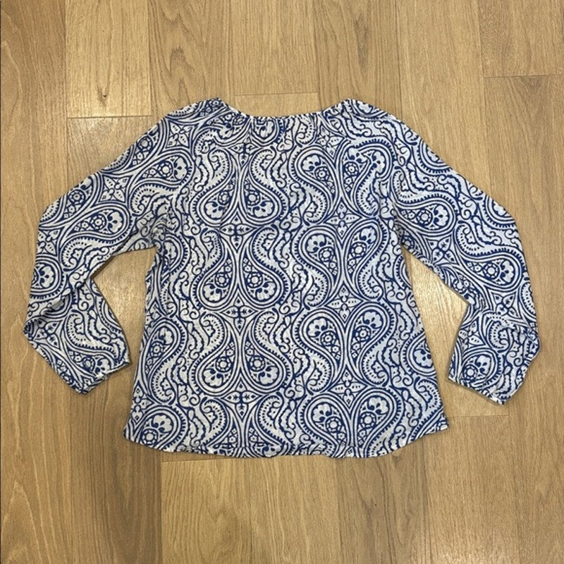 Talbots Blue and White Paisley Blouse with Yellow Beaded Placket Size Medium