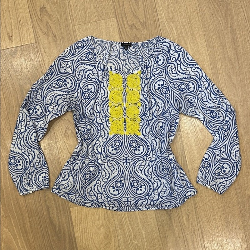 Talbots Blue and White Paisley Blouse with Yellow Beaded Placket Size Medium