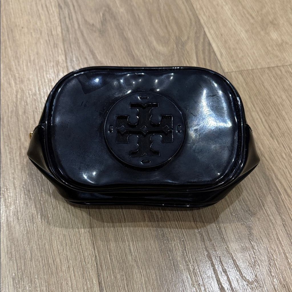 Tory Burch Black Patent Leather Zip Top Cosmetic Bag
