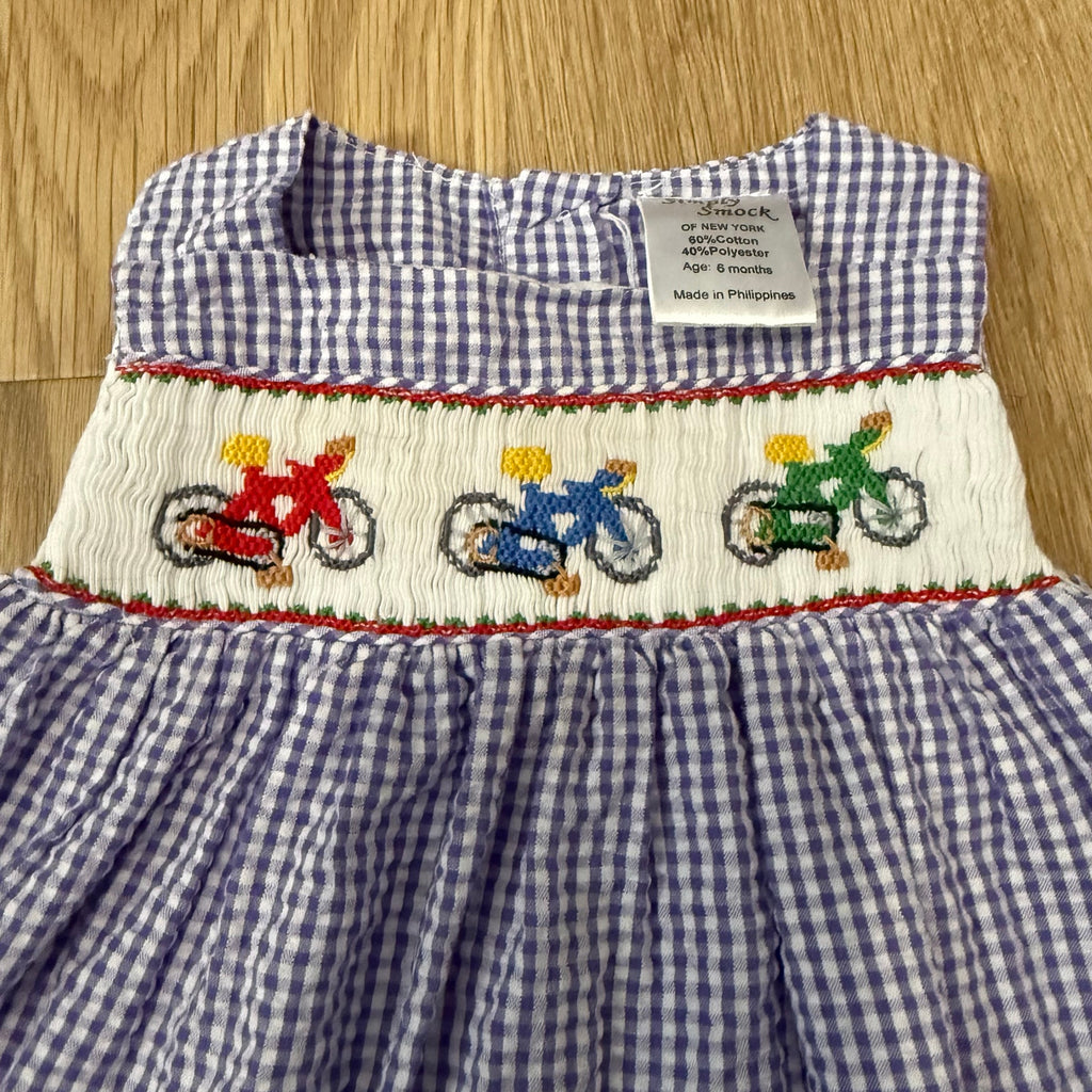 Simply Smock Blue Gingham Smocked Dress with Bicycle Embroidery Size 6 Months