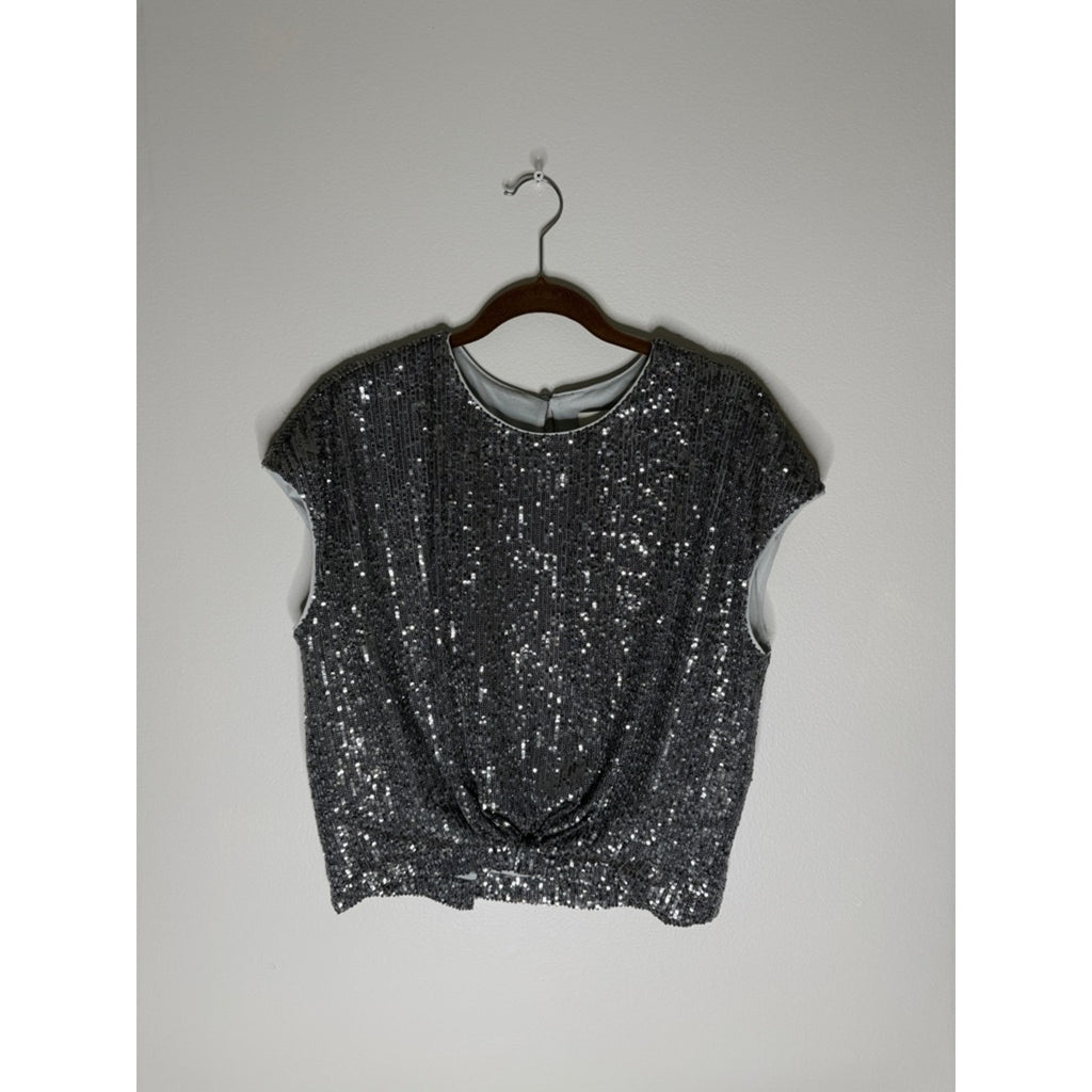 Loft Silver Sequin Cap-Sleeve Top Size Large
