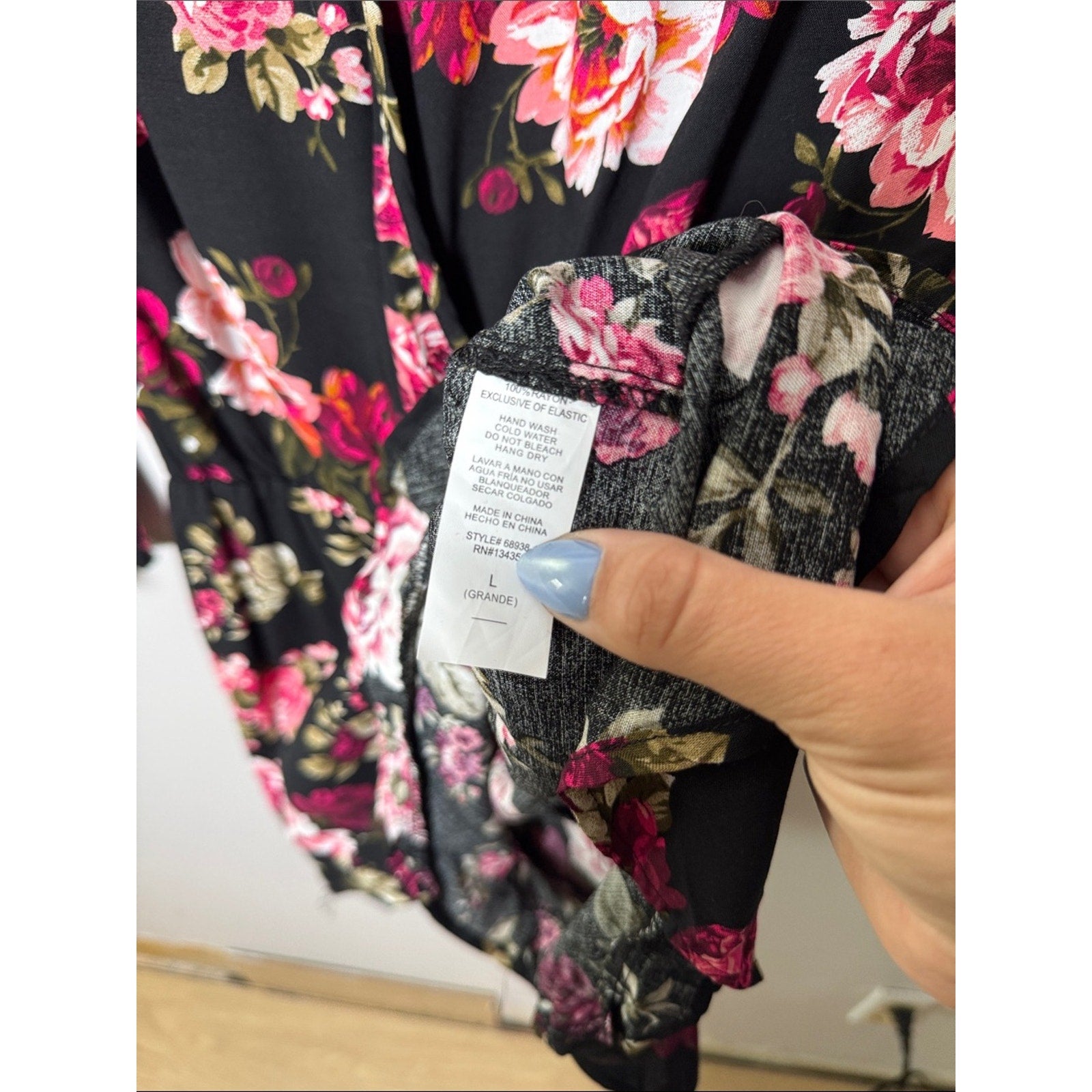 Ambiance Black Floral Wrap Romper with Pink Rose Print Size Large New!