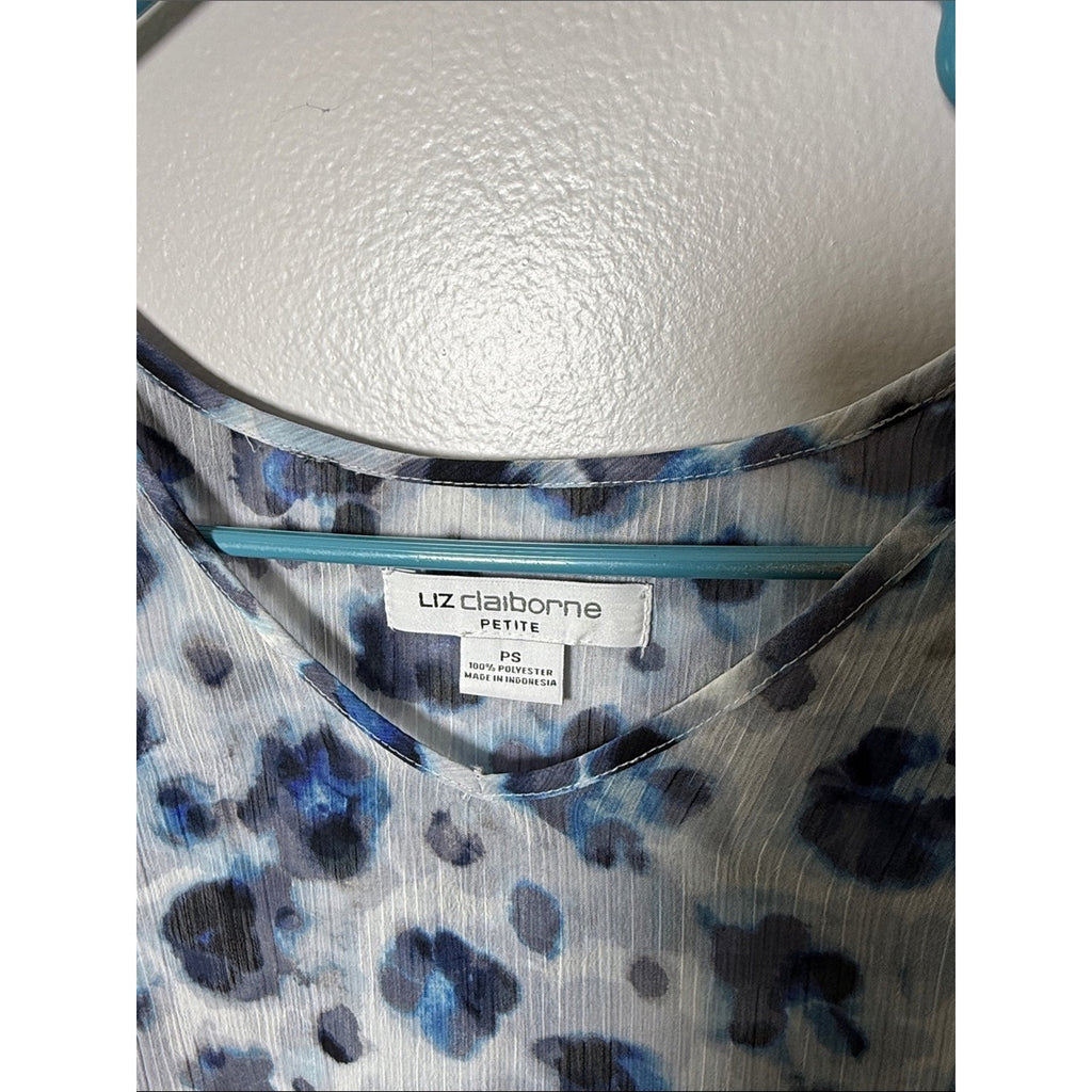 Liz Claiborne White and Blue Leopard Print Long Sleeve Top Size Small Petite