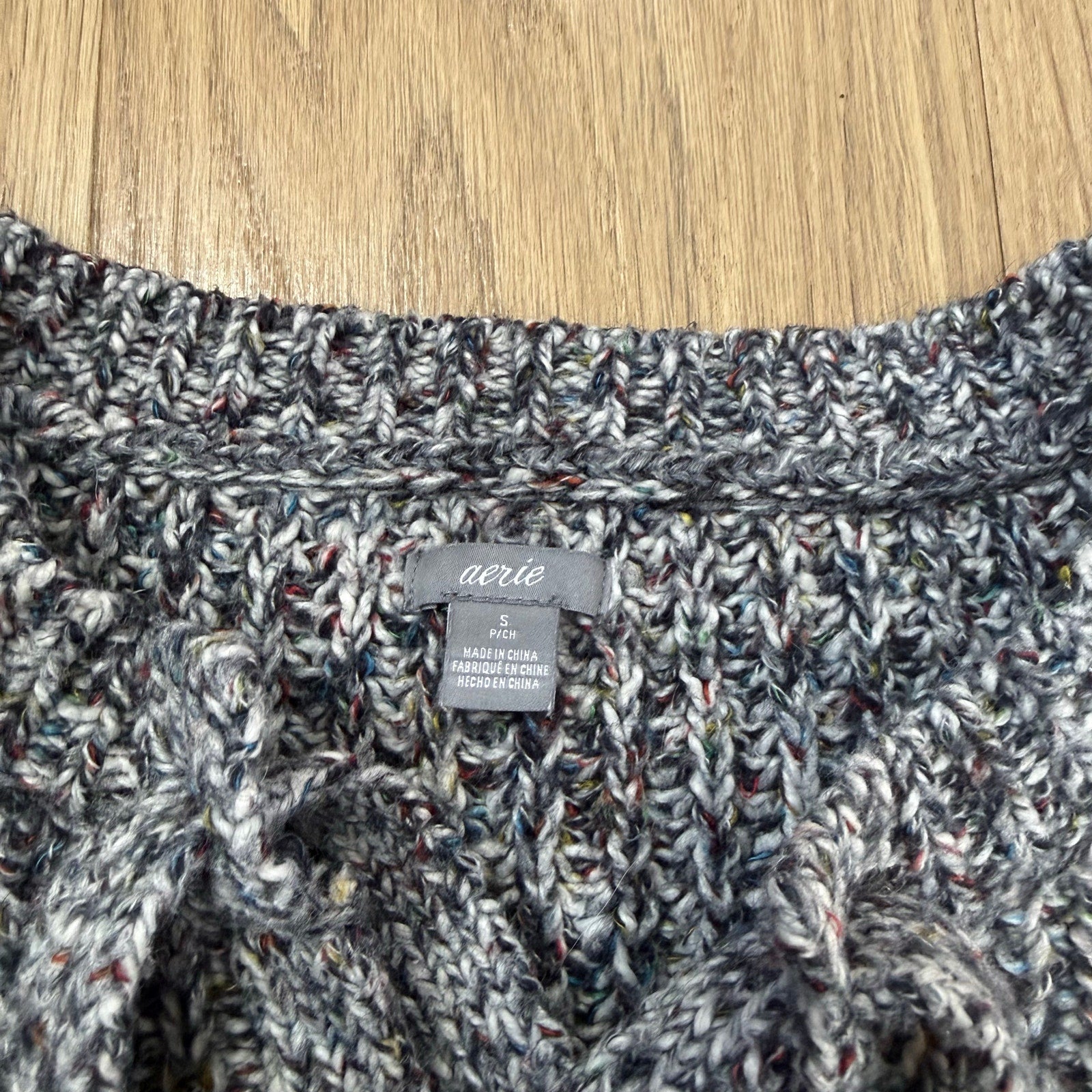 Aerie Lace-Up Confetti Knit Sweater - Black & White Marled Pullover Size Small