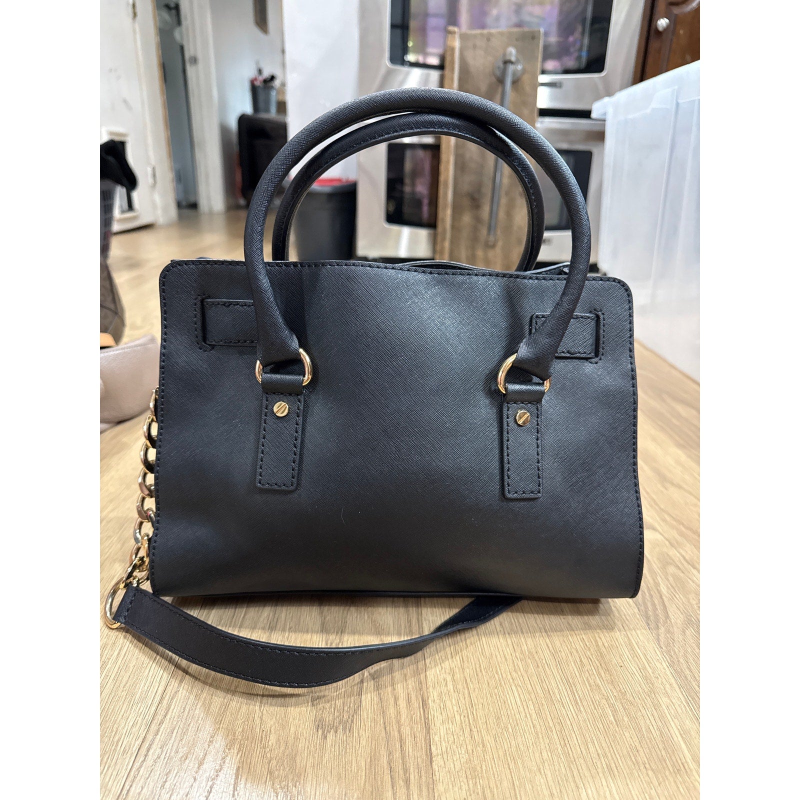 Michael Kors Hamilton Saffiano Style Black Leather and Gold Hardware Satchel