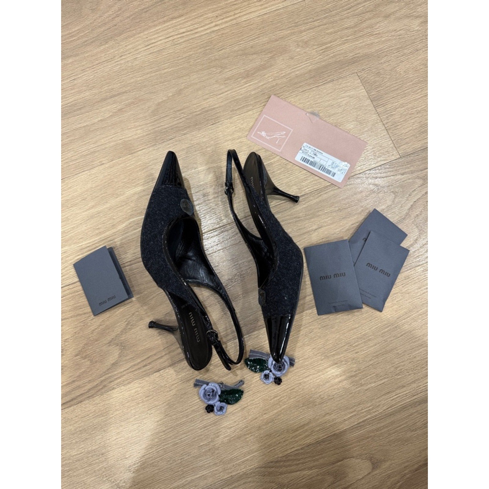 Miu Miu Black Pointed-Toe Slingback Heels with Floral Embellishment Size 9.5