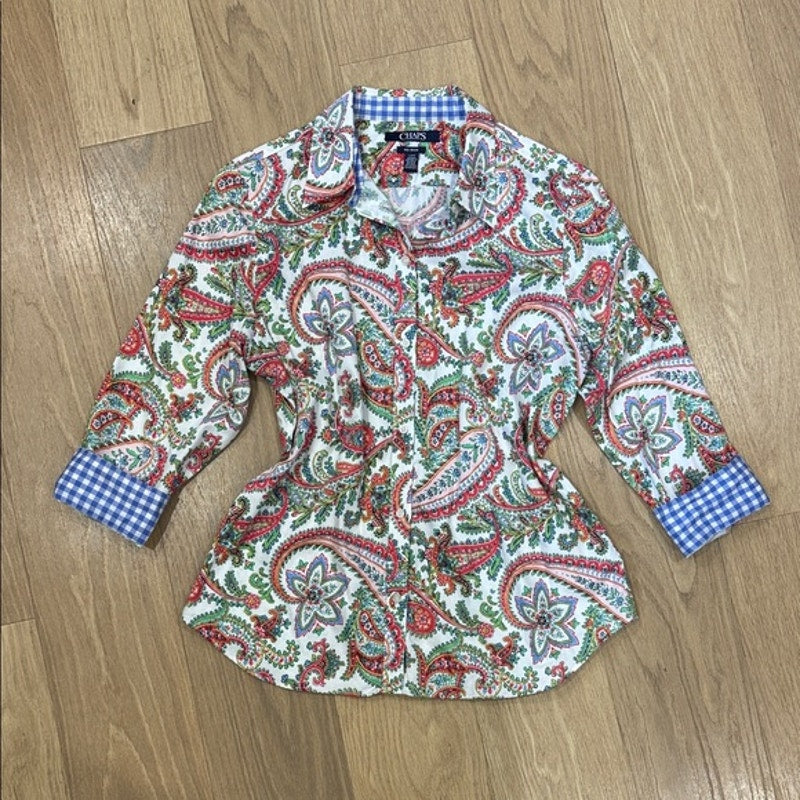 Chaps Multicolor Paisley Button-Front Shirt with Blue Gingham Trim Size Large