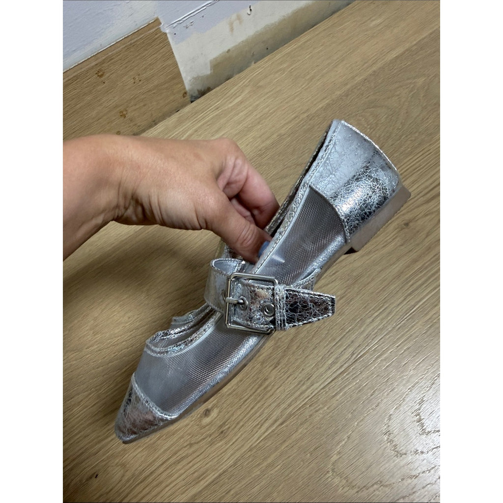 Report Metallic Silver Pointed Mary Jane Flats Size 7