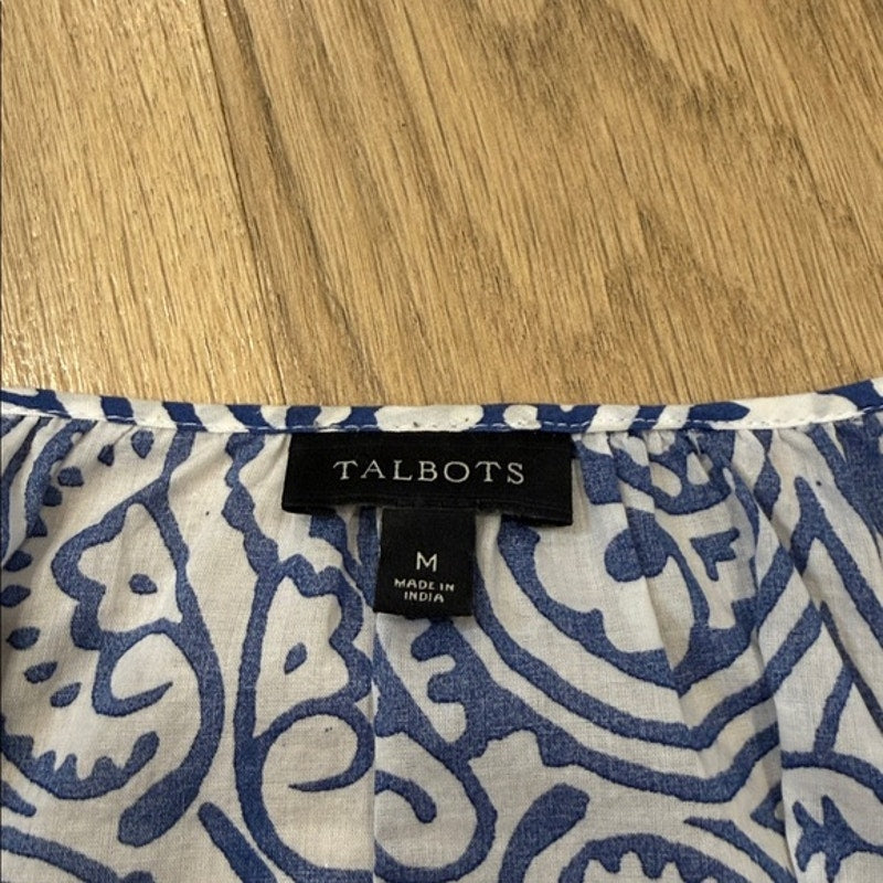 Talbots Blue and White Paisley Blouse with Yellow Beaded Placket Size Medium