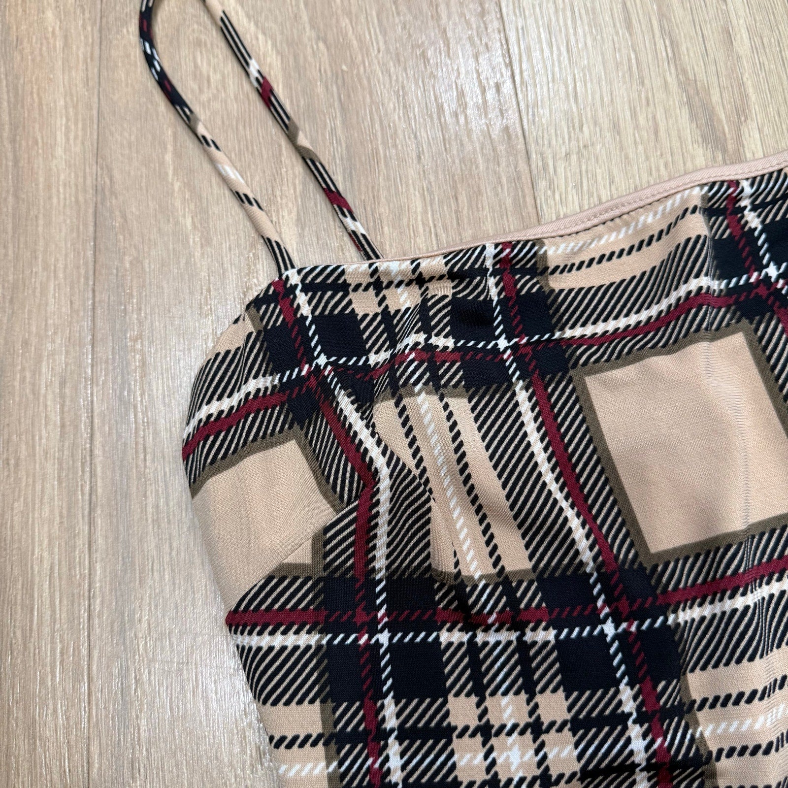 Windsor So Fab Sleeveless Tan and Black Multi Plaid Mini Dress Size Medium