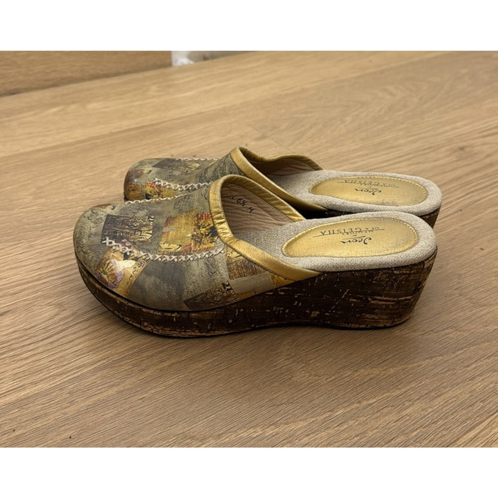 Jeon x Memories of a Geisha Artistic Gold and Brown Mules Size 6.5