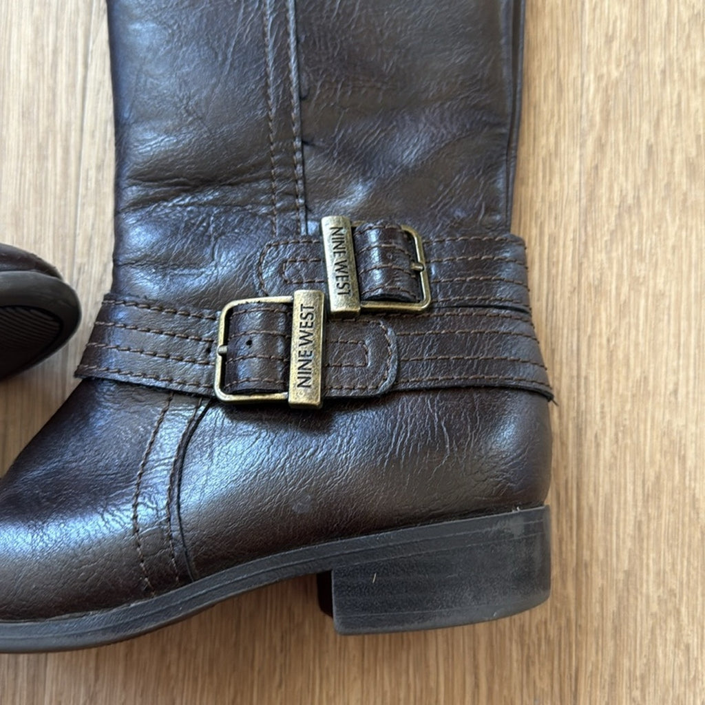Nine West Brown Buckle Detail Faux Leather Knee High Lova Boots Size 12