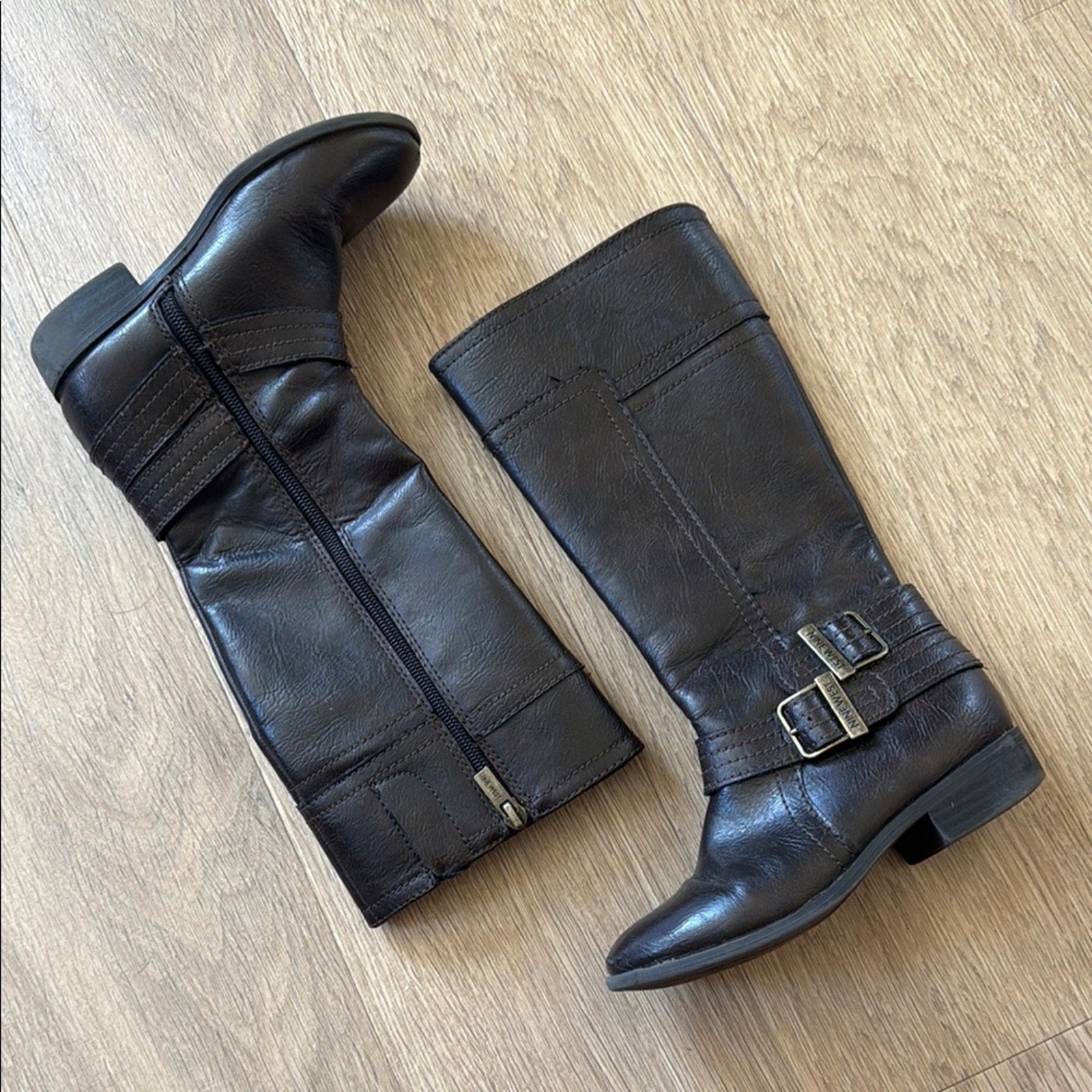 Nine West Brown Buckle Detail Faux Leather Knee High Lova Boots Size 12