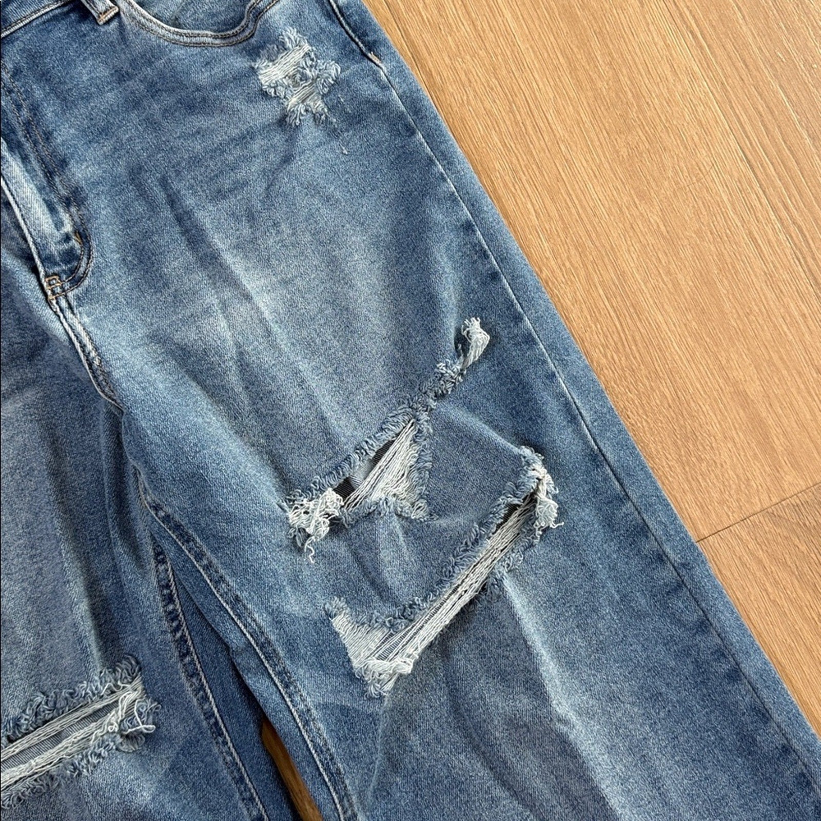 Fashion Nova Blue Tall Hem Ripped Stretch Baggy Jeans Size 11 NEW!