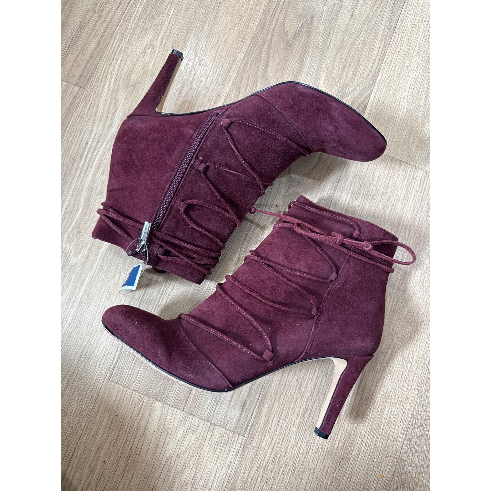 Vince Camuto Chenai Lace Up Pointed Toe Stiletto Suede Bootie in Burgundy Size 10