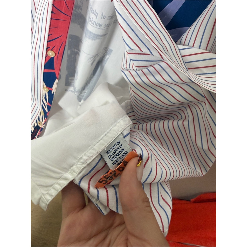 Robert Graham White Button-Up Shirt with Red and Blue Stripes and Navy Pocket 3x